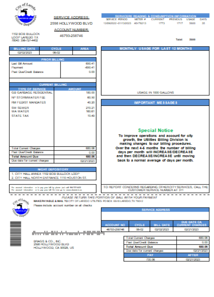City of Laredo Utilities Department water utility business bill, SCR PSD template